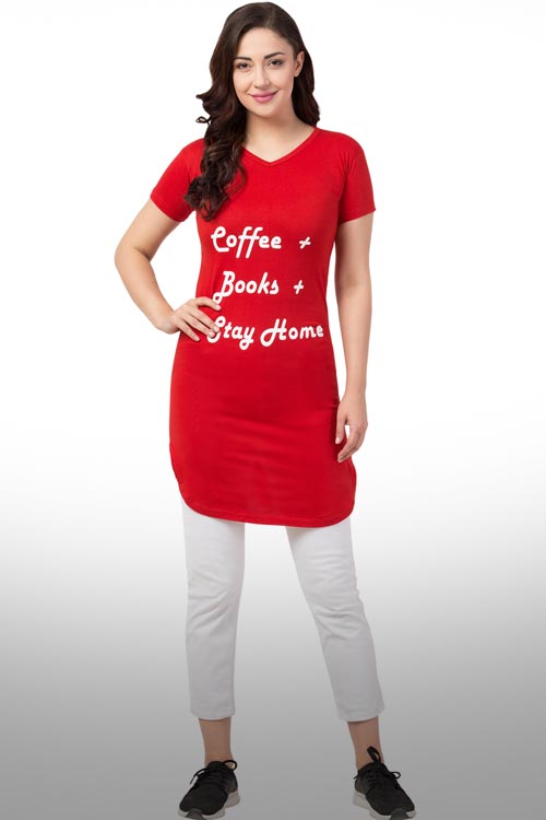 Graphic Print Longline T-Shirt With Curve Bottom