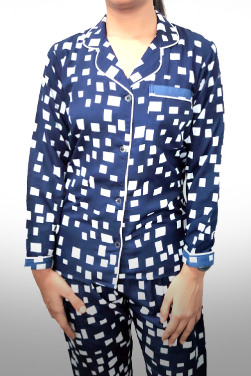 Blue & White Box Print Night Suit Set