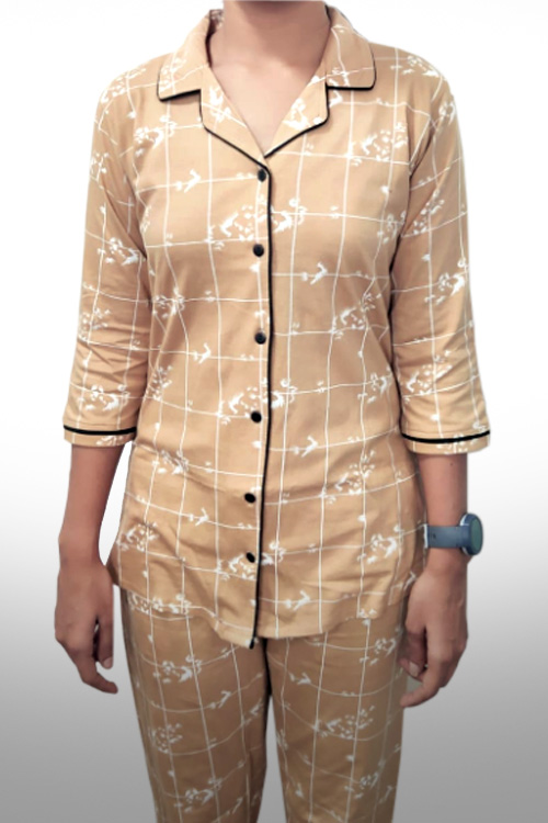 Beige & White Box Check Night Suit Set